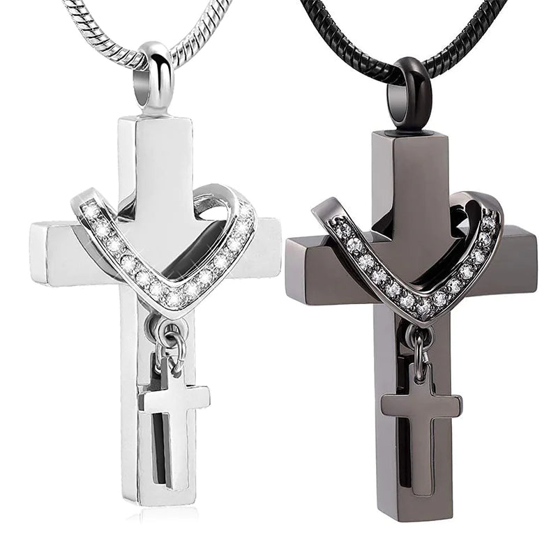 Stainless Steel Double Cross Urn Necklace