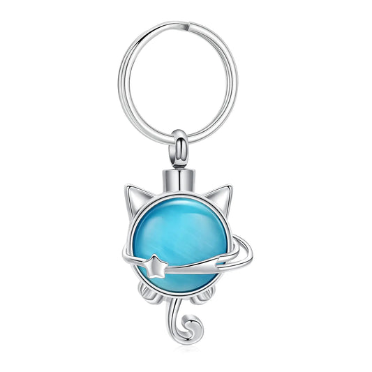 Pet Cremation Ashes Jewelry Moonstone Cat Urn Necklace for Ashes for Women Men Lovely Cat Memorial Urn Locket Keepsake Pendant Gift(Silver Keychain)