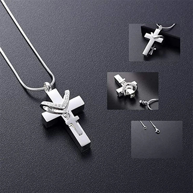 Stainless Steel Double Cross Urn Necklace