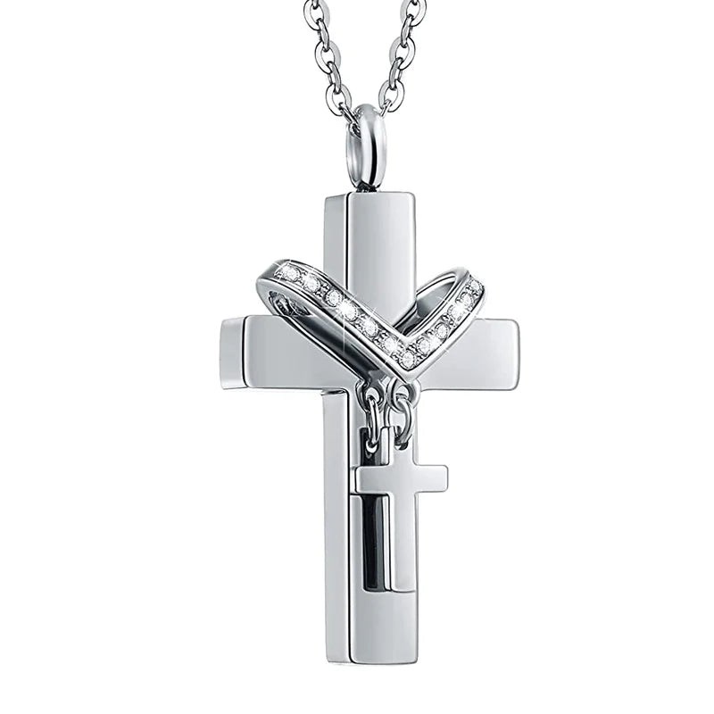 Stainless Steel Double Cross Urn Necklace
