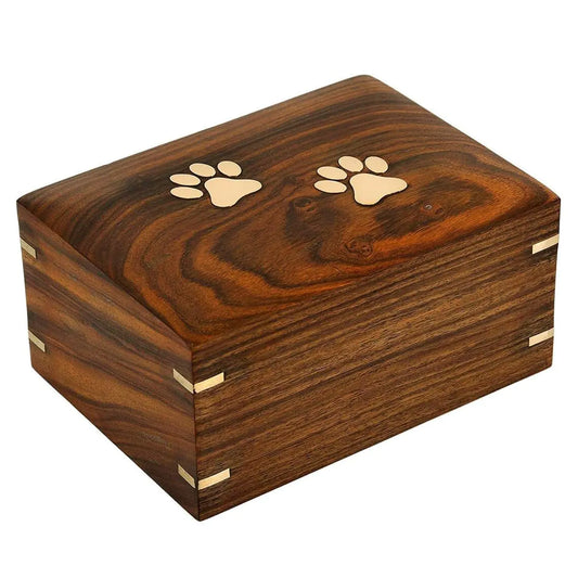 Custom Rosewood box inlaid with paw prints. This box can hold up to 15 lb. Suitable for honoring the memory of our furries ❤️